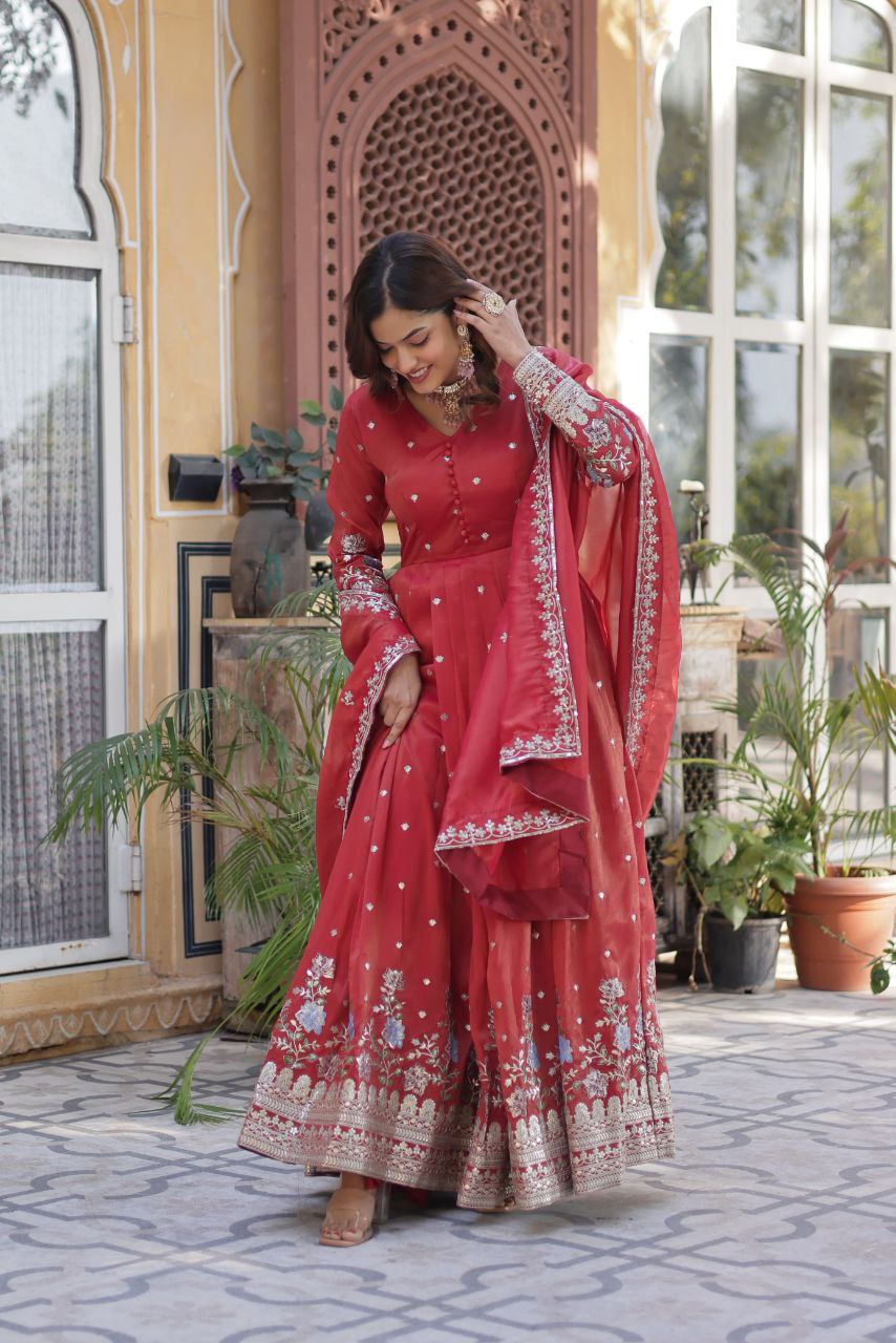 Premium Viscose Cosmos Gown with Dupatta – Foil Embroidery Zari Sequins Work | Fully Stitched Party Wear