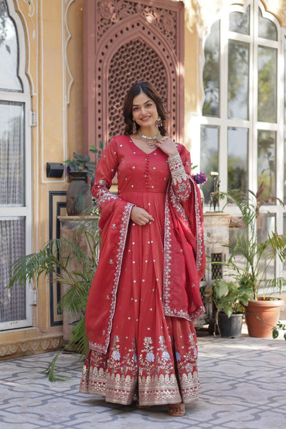 Premium Viscose Cosmos Gown with Dupatta – Foil Embroidery Zari Sequins Work | Fully Stitched Party Wear