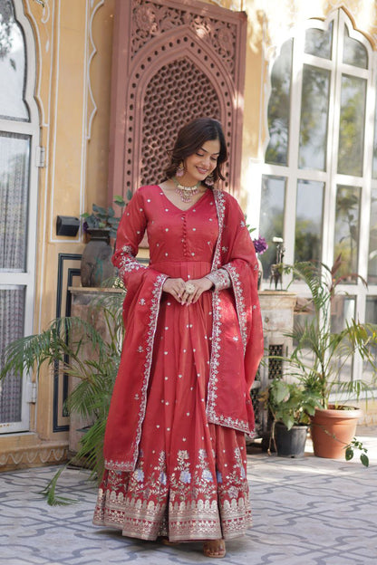 Premium Viscose Cosmos Gown with Dupatta – Foil Embroidery Zari Sequins Work | Fully Stitched Party Wear