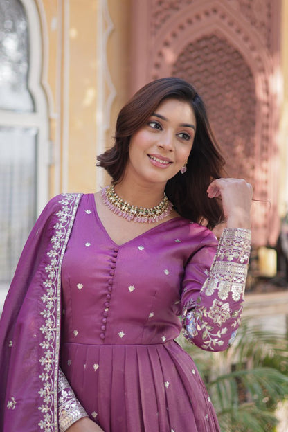 Premium Viscose Cosmos Gown with Dupatta – Foil Embroidery Zari Sequins Work | Fully Stitched Party Wear