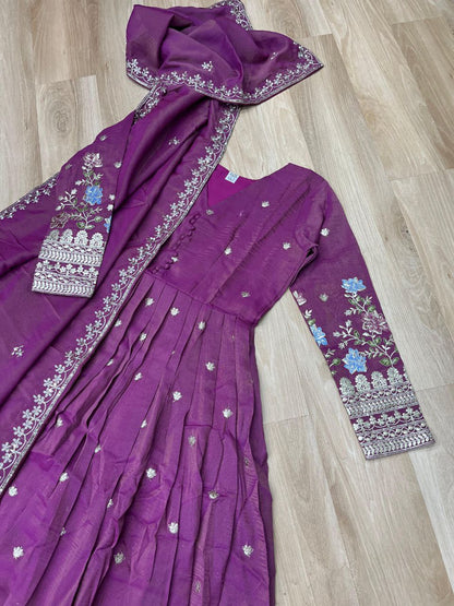 Premium Viscose Cosmos Gown with Dupatta – Foil Embroidery Zari Sequins Work | Fully Stitched Party Wear