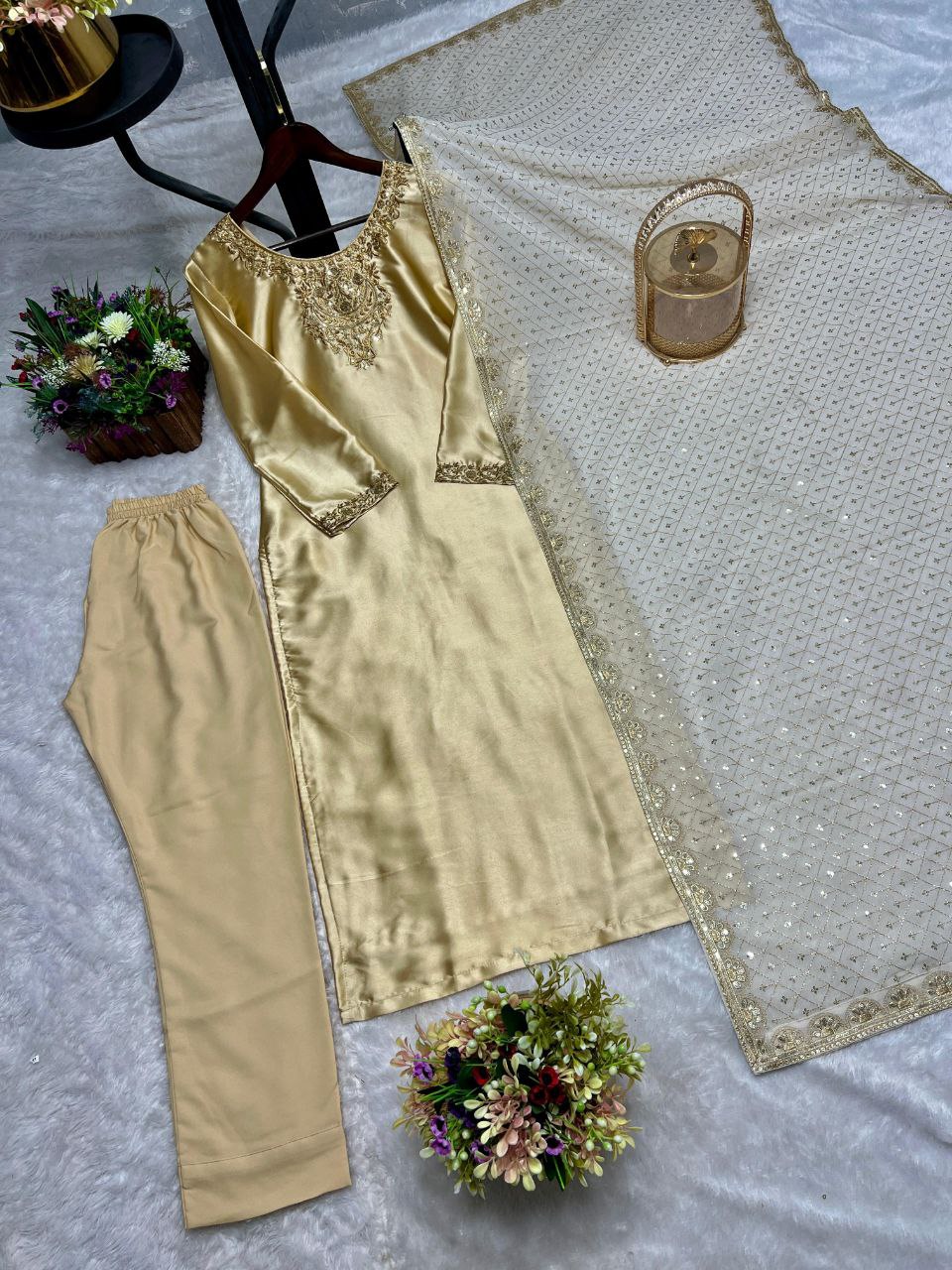 Presenting New Premium Long Kurti-Bottom-Dupatta Set