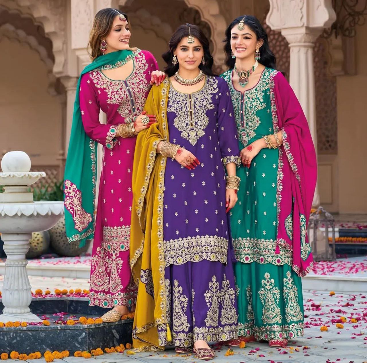 Prisha Fashion Designer Party Wear Vichitra Silk Top Plazzo & Dupatta Set – Fully Stitched