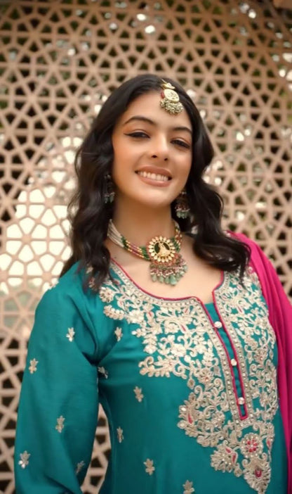 Prisha Fashion Designer Party Wear Vichitra Silk Top Plazzo & Dupatta Set – Fully Stitched