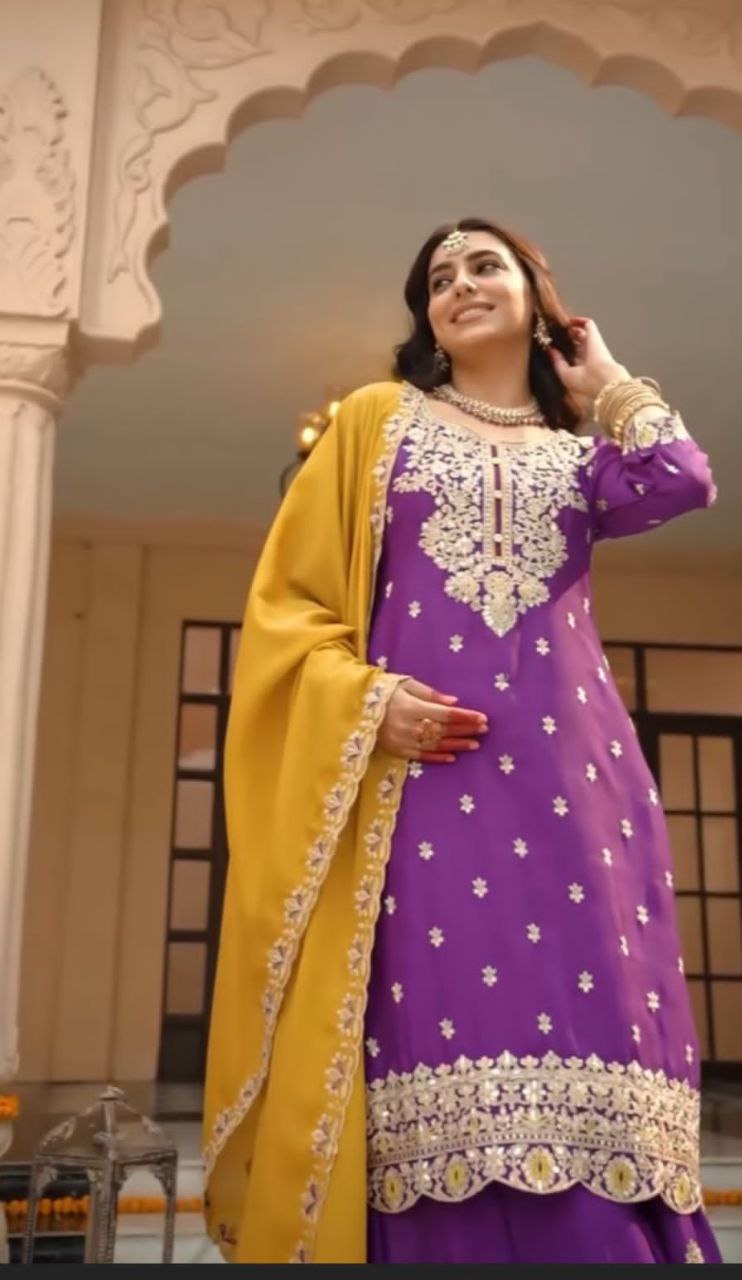 Prisha Fashion Designer Party Wear Vichitra Silk Top Plazzo & Dupatta Set – Fully Stitched
