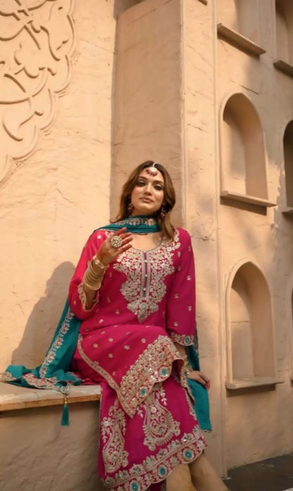 Prisha Fashion Designer Party Wear Vichitra Silk Top Plazzo & Dupatta Set – Fully Stitched