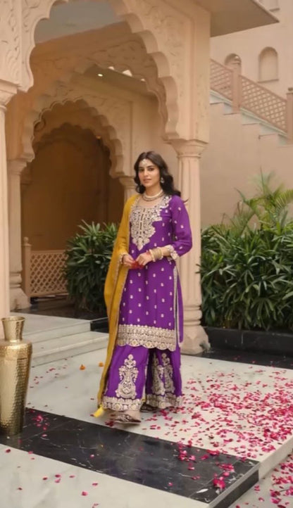 Prisha Fashion Designer Party Wear Vichitra Silk Top Plazzo & Dupatta Set – Fully Stitched