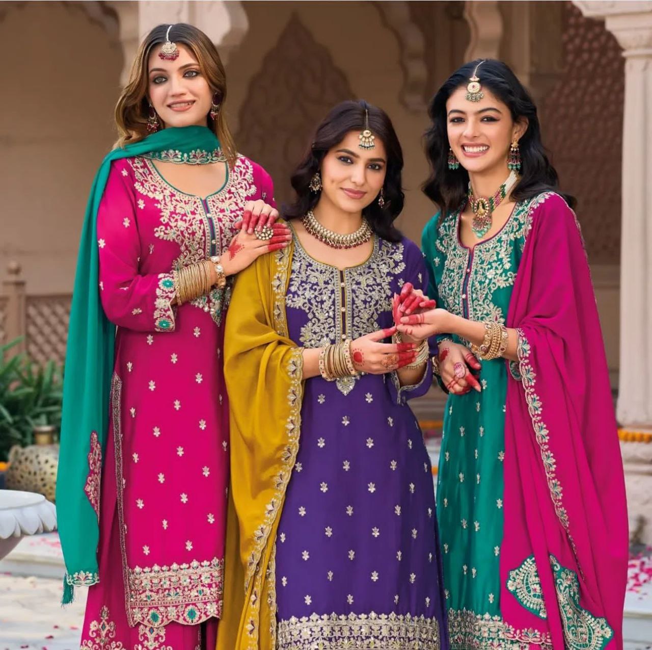 Prisha Fashion Designer Party Wear Vichitra Silk Top Plazzo & Dupatta Set – Fully Stitched