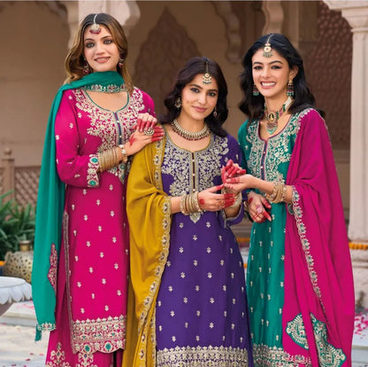Prisha Fashion Designer Party Wear Vichitra Silk Top Plazzo & Dupatta Set – Fully Stitched