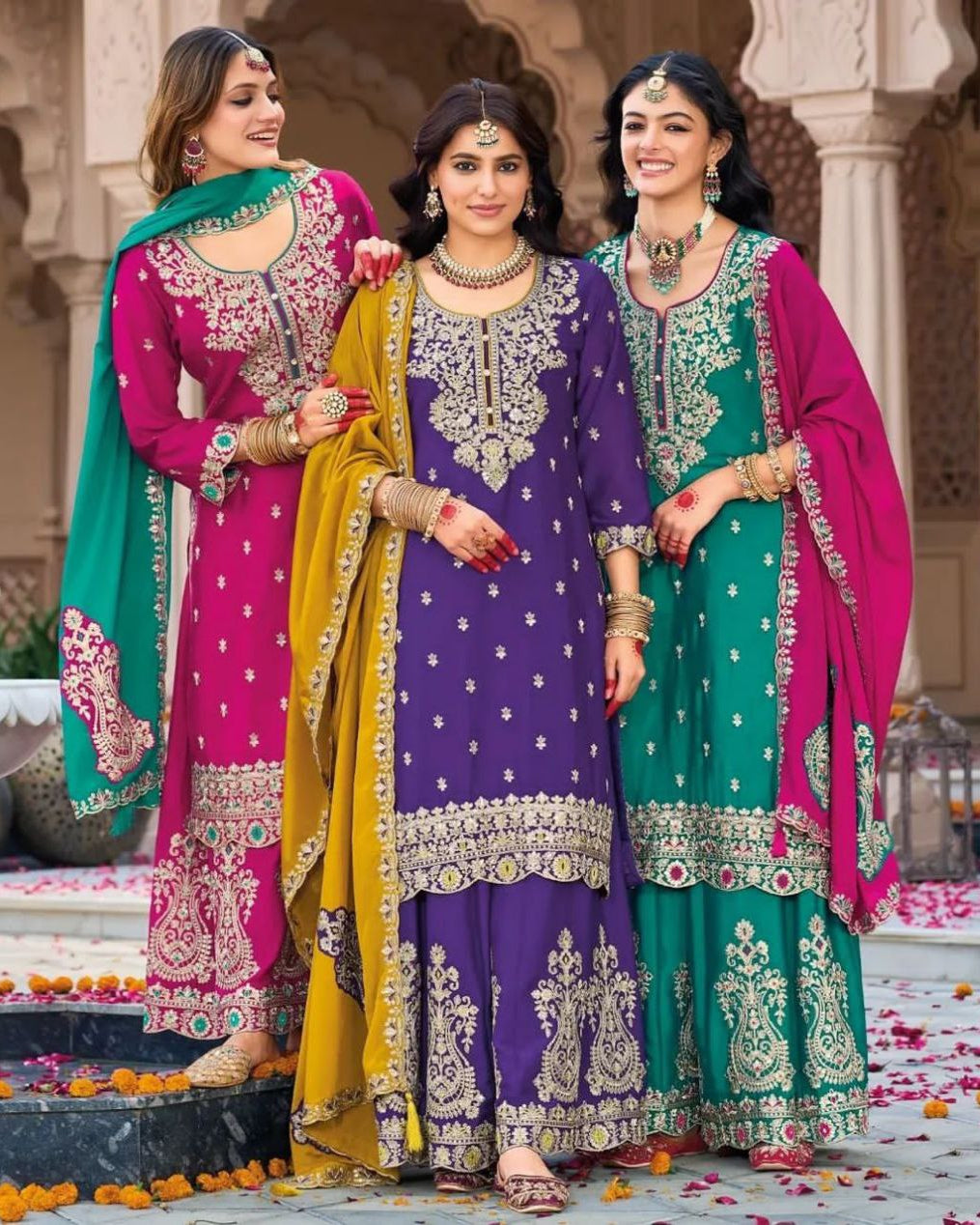 Prisha Fashion Designer Party Wear Vichitra Silk Top Plazzo & Dupatta Set – Fully Stitched