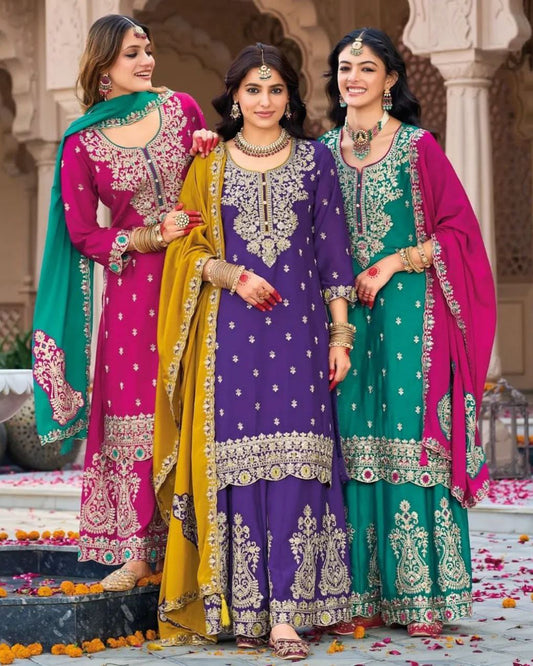 Prisha Fashion Designer Party Wear Vichitra Silk Top Plazzo & Dupatta Set – Fully Stitched