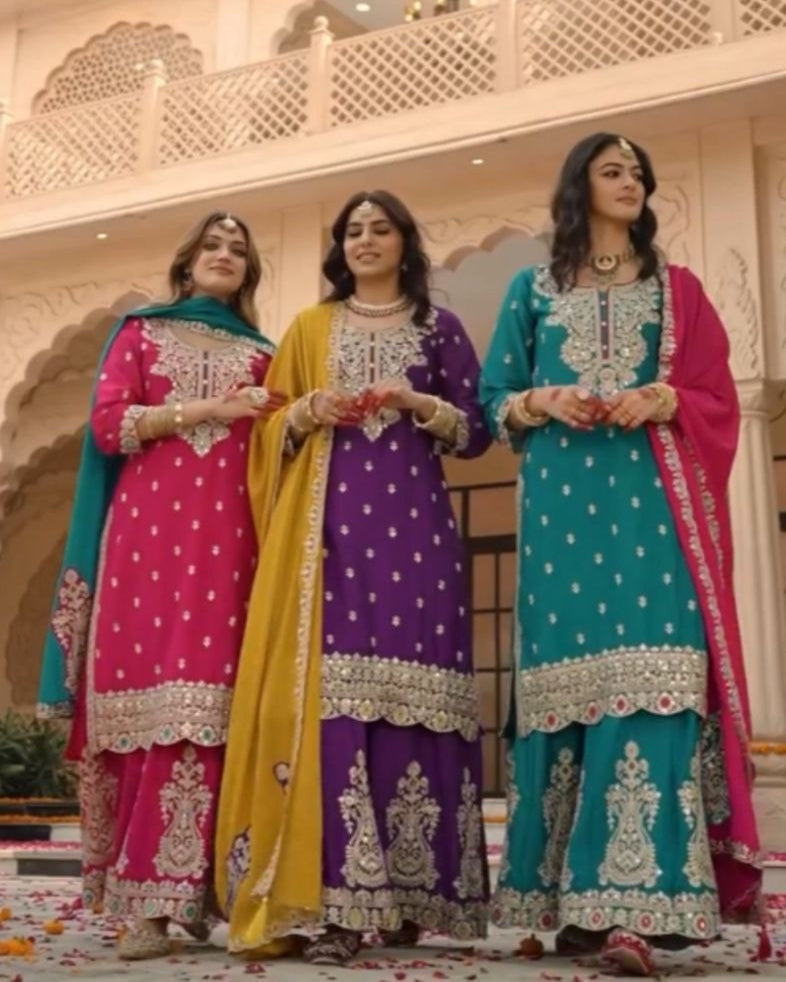 Prisha Fashion Designer Party Wear Vichitra Silk Top Plazzo & Dupatta Set – Fully Stitched