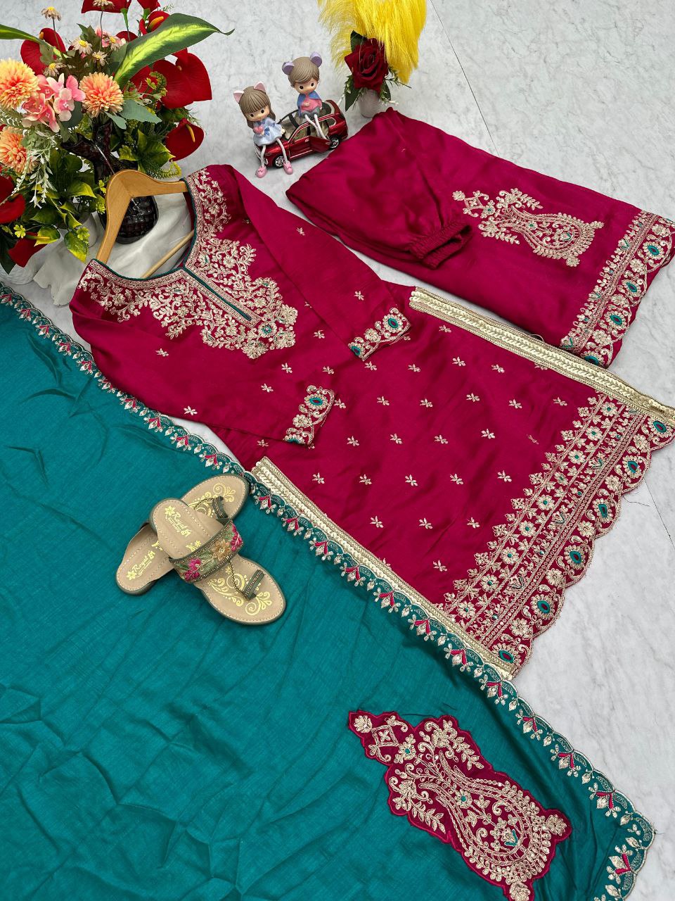 Prisha Fashion Designer Party Wear Vichitra Silk Top Plazzo & Dupatta Set – Fully Stitched