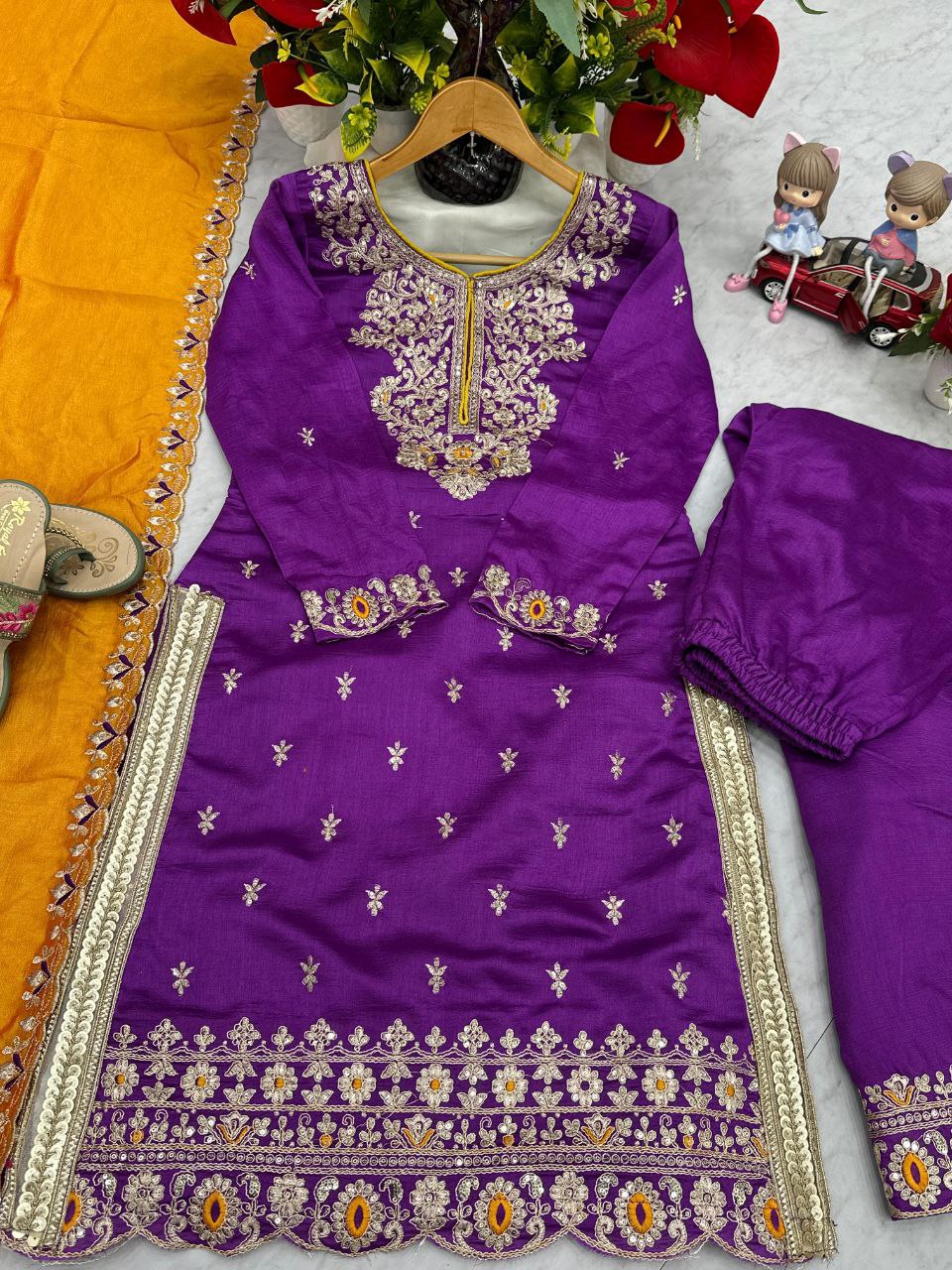 Prisha Fashion Designer Party Wear Vichitra Silk Top Plazzo & Dupatta Set – Fully Stitched