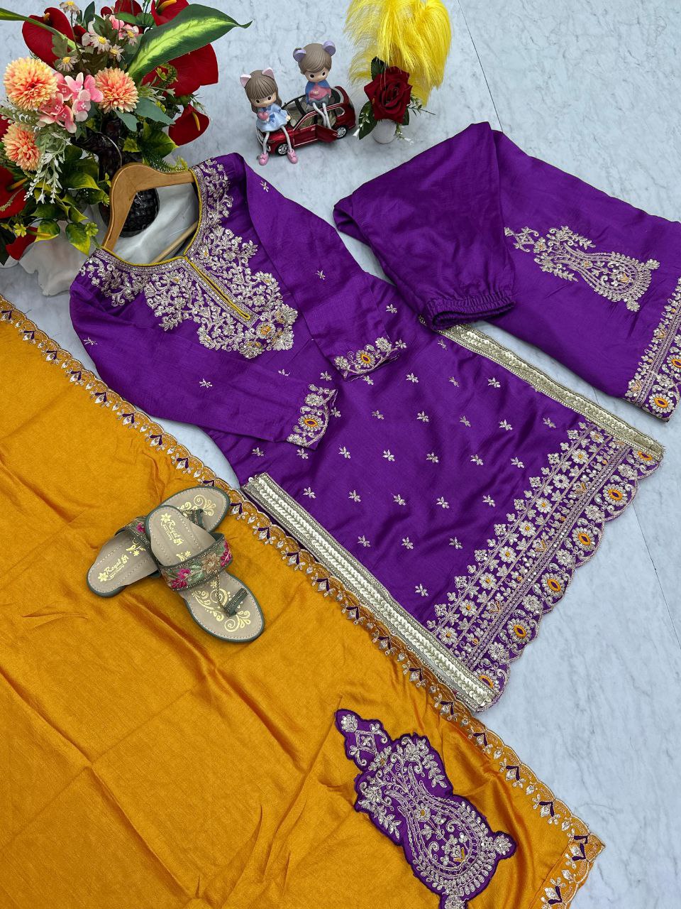 Prisha Fashion Designer Party Wear Vichitra Silk Top Plazzo & Dupatta Set – Fully Stitched