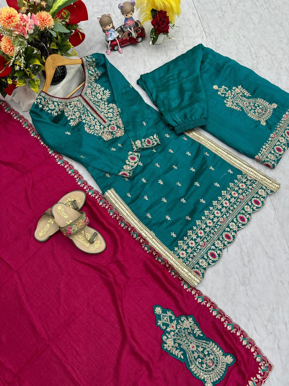 Prisha Fashion Designer Party Wear Vichitra Silk Top Plazzo & Dupatta Set – Fully Stitched