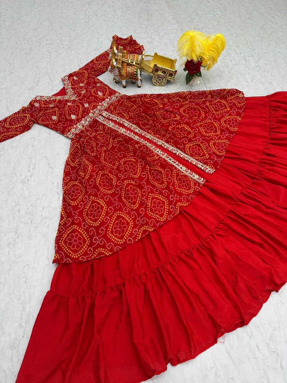 Pure Bandhej Embroidered Choli with Attached Shrug & Chinon Lehenga – Festive Collection