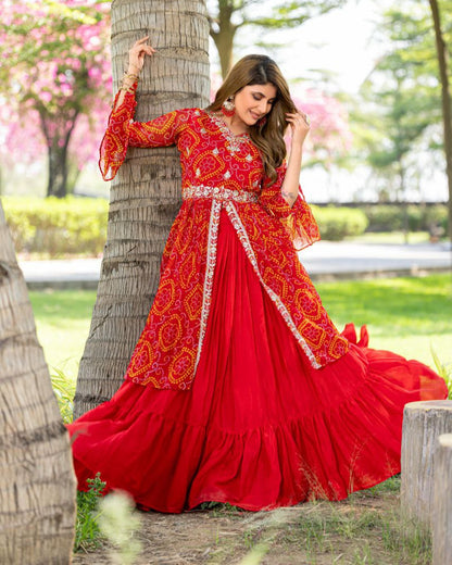 Pure Bandhej Embroidered Choli with Attached Shrug & Chinon Lehenga – Festive Collection
