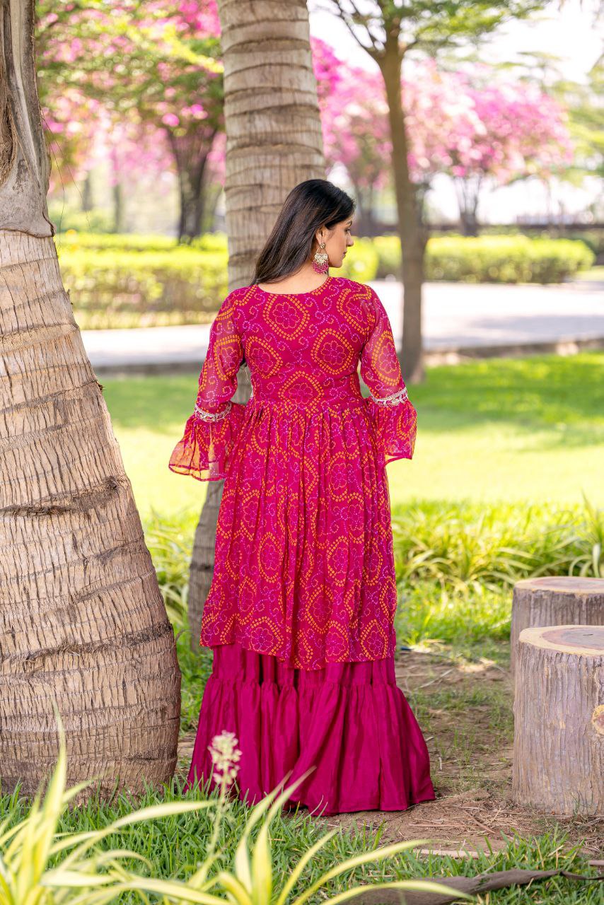 Pure Bandhej Embroidered Choli with Attached Shrug & Chinon Lehenga – Festive Collection