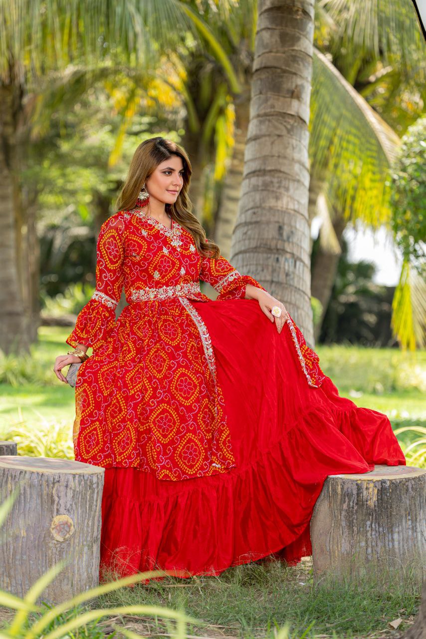 Pure Bandhej Embroidered Choli with Attached Shrug & Chinon Lehenga – Festive Collection