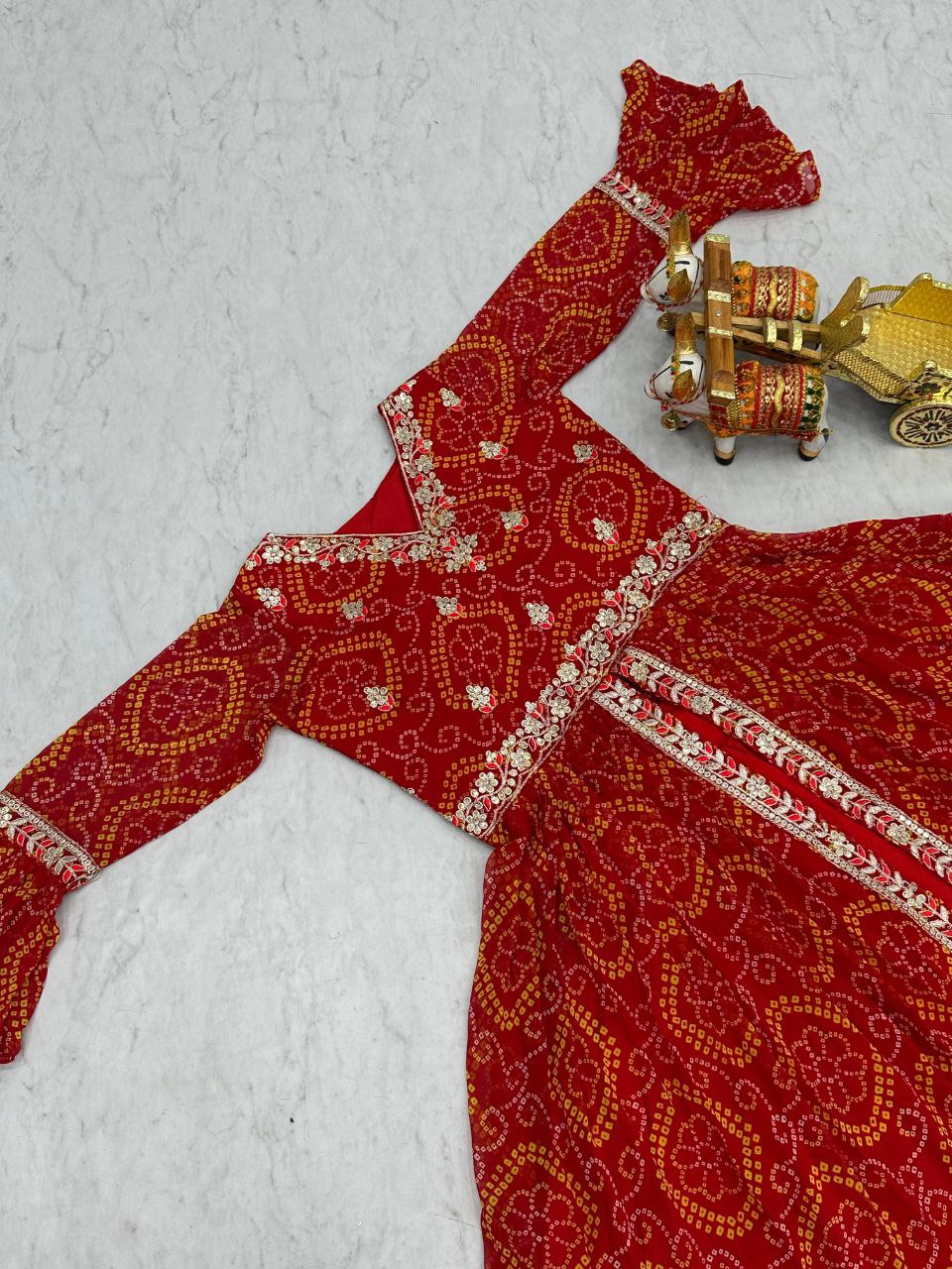 Pure Bandhej Embroidered Choli with Attached Shrug & Chinon Lehenga – Festive Collection