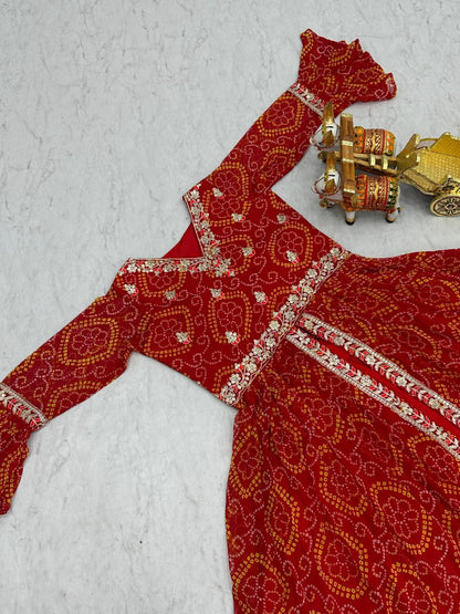 Pure Bandhej Embroidered Choli with Attached Shrug & Chinon Lehenga – Festive Collection