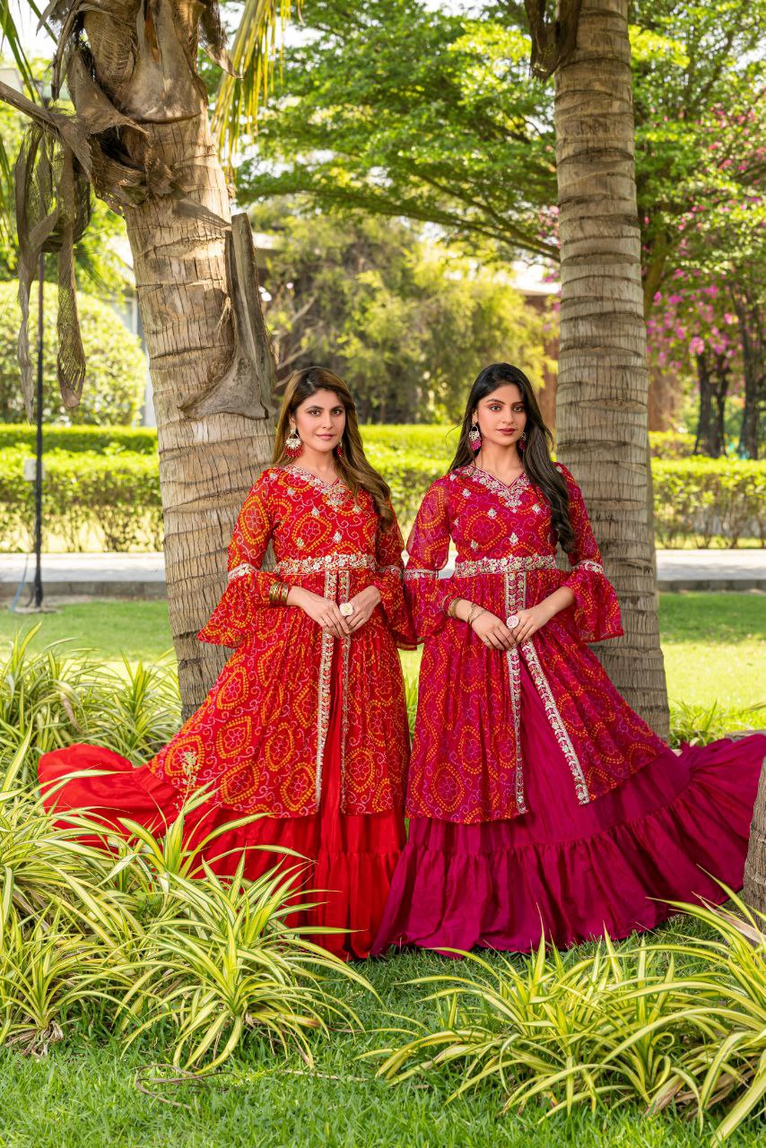 Pure Bandhej Embroidered Choli with Attached Shrug & Chinon Lehenga – Festive Collection