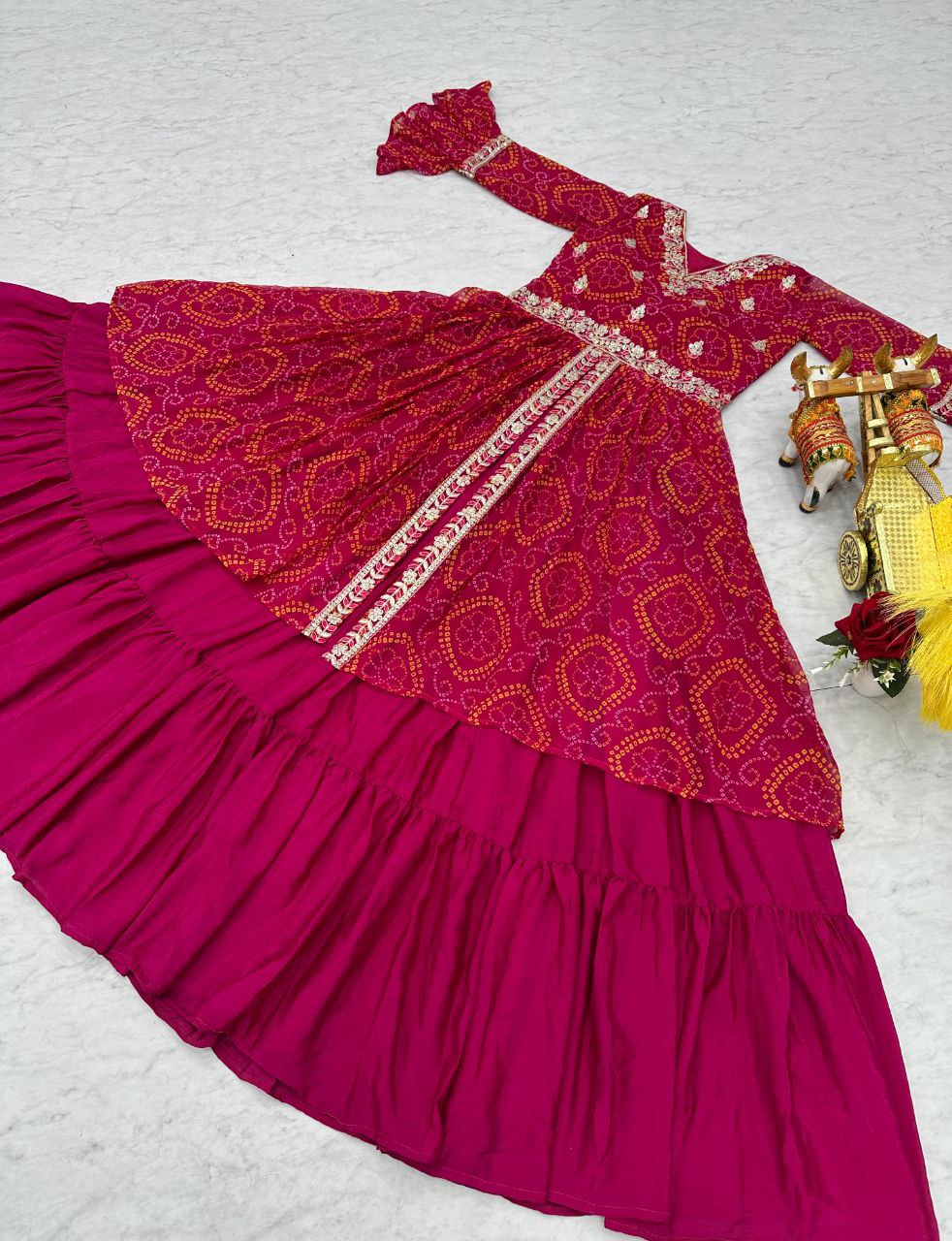 Pure Bandhej Embroidered Choli with Attached Shrug & Chinon Lehenga – Festive Collection