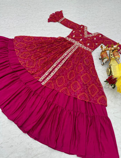 Pure Bandhej Embroidered Choli with Attached Shrug & Chinon Lehenga – Festive Collection
