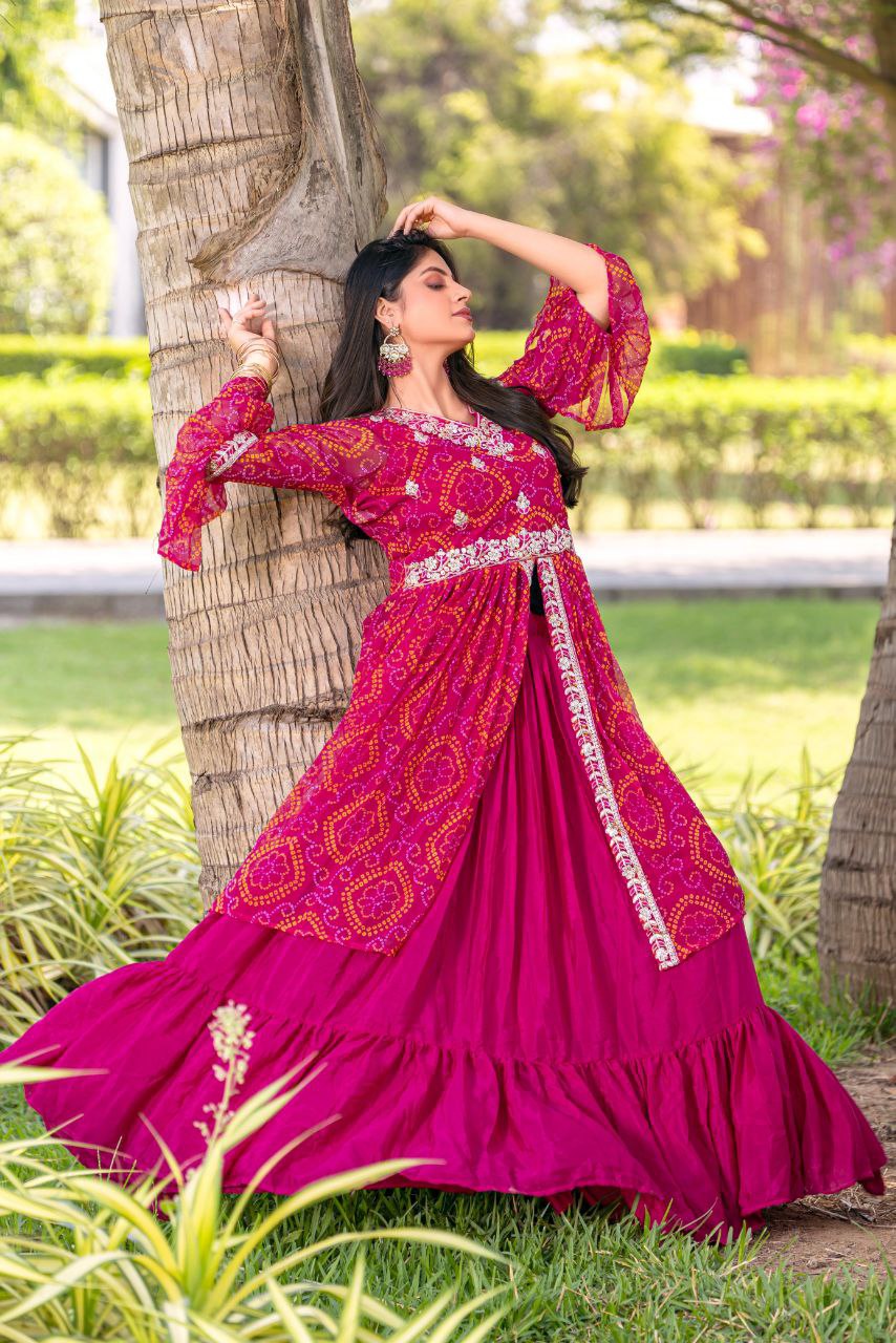 Pure Bandhej Embroidered Choli with Attached Shrug & Chinon Lehenga – Festive Collection