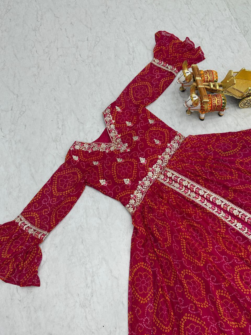 Pure Bandhej Embroidered Choli with Attached Shrug & Chinon Lehenga – Festive Collection