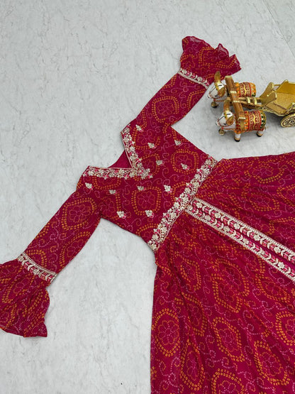 Pure Bandhej Embroidered Choli with Attached Shrug & Chinon Lehenga – Festive Collection