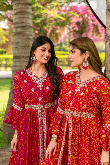Pure Bandhej Embroidered Choli with Attached Shrug & Chinon Lehenga – Festive Collection