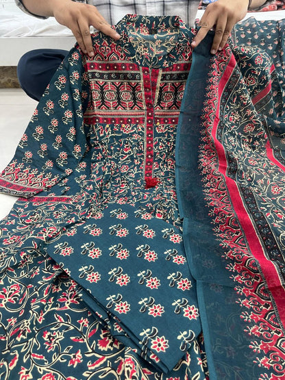 Pure Cotton Side Pocket Suit Set | Hand Print Work | Mill Print Dupatta