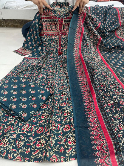 Pure Cotton Side Pocket Suit Set | Hand Print Work | Mill Print Dupatta