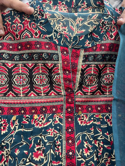 Pure Cotton Side Pocket Suit Set | Hand Print Work | Mill Print Dupatta
