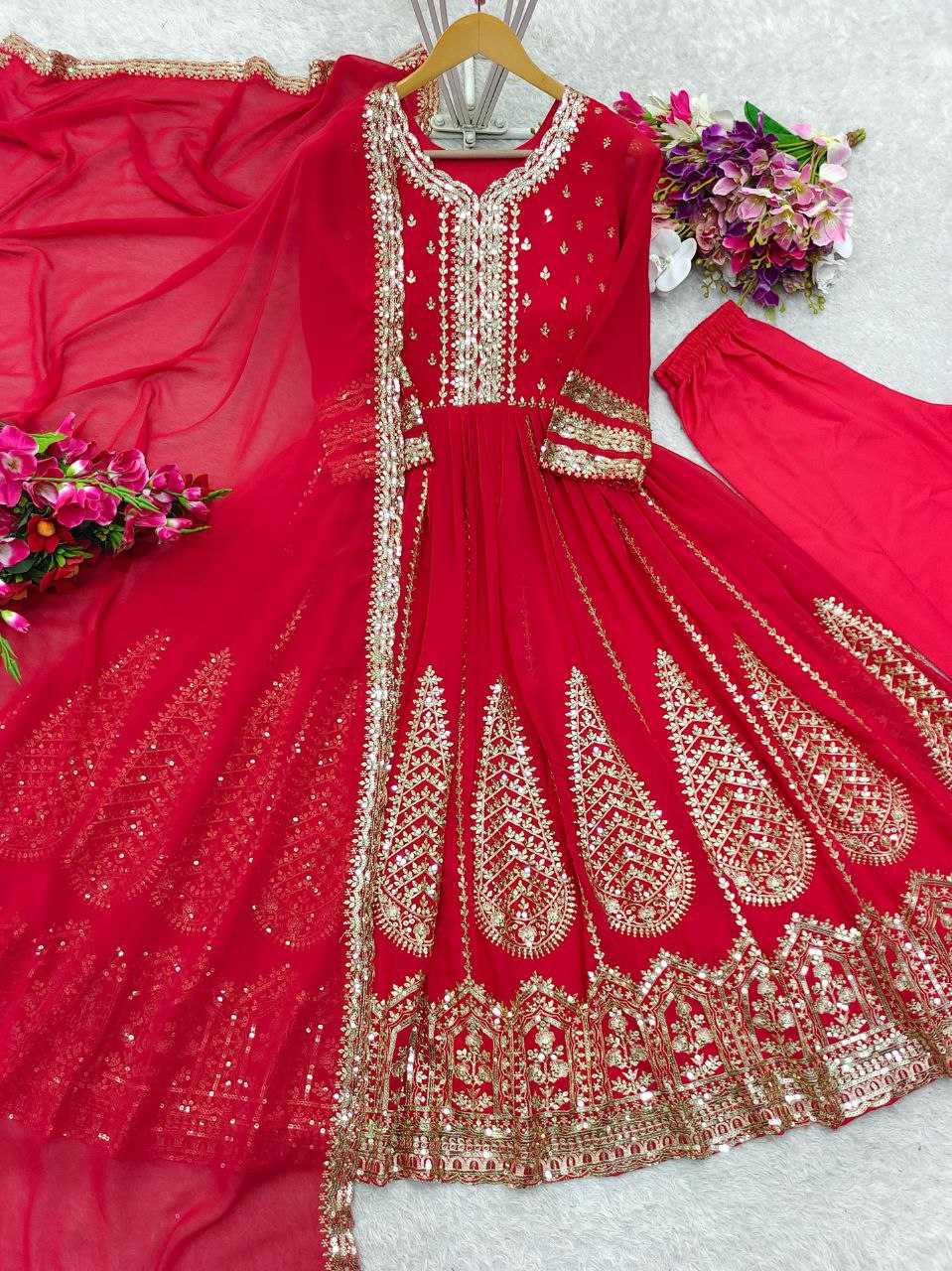 Pure Fox Georgette Gown, Pant, and Dupatta Set – Fully Stitched & Ready to Wear