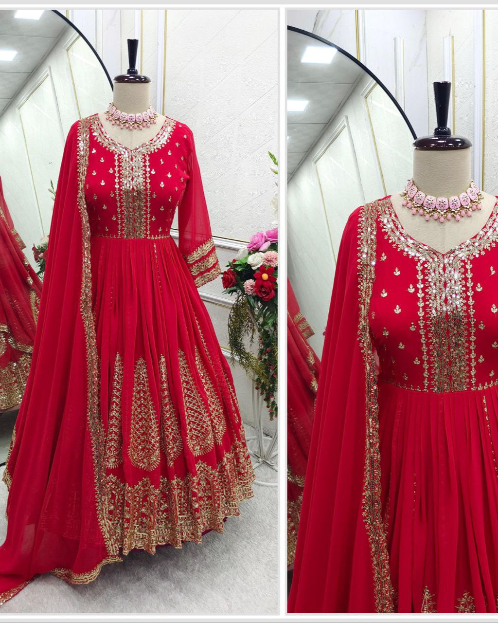 Pure Fox Georgette Gown, Pant, and Dupatta Set – Fully Stitched & Ready to Wear