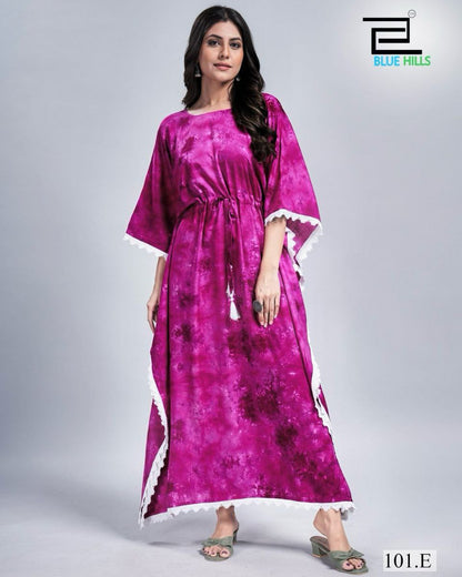 Rayon Slub Tie-Dye Kaftan Dress with Lace Border
