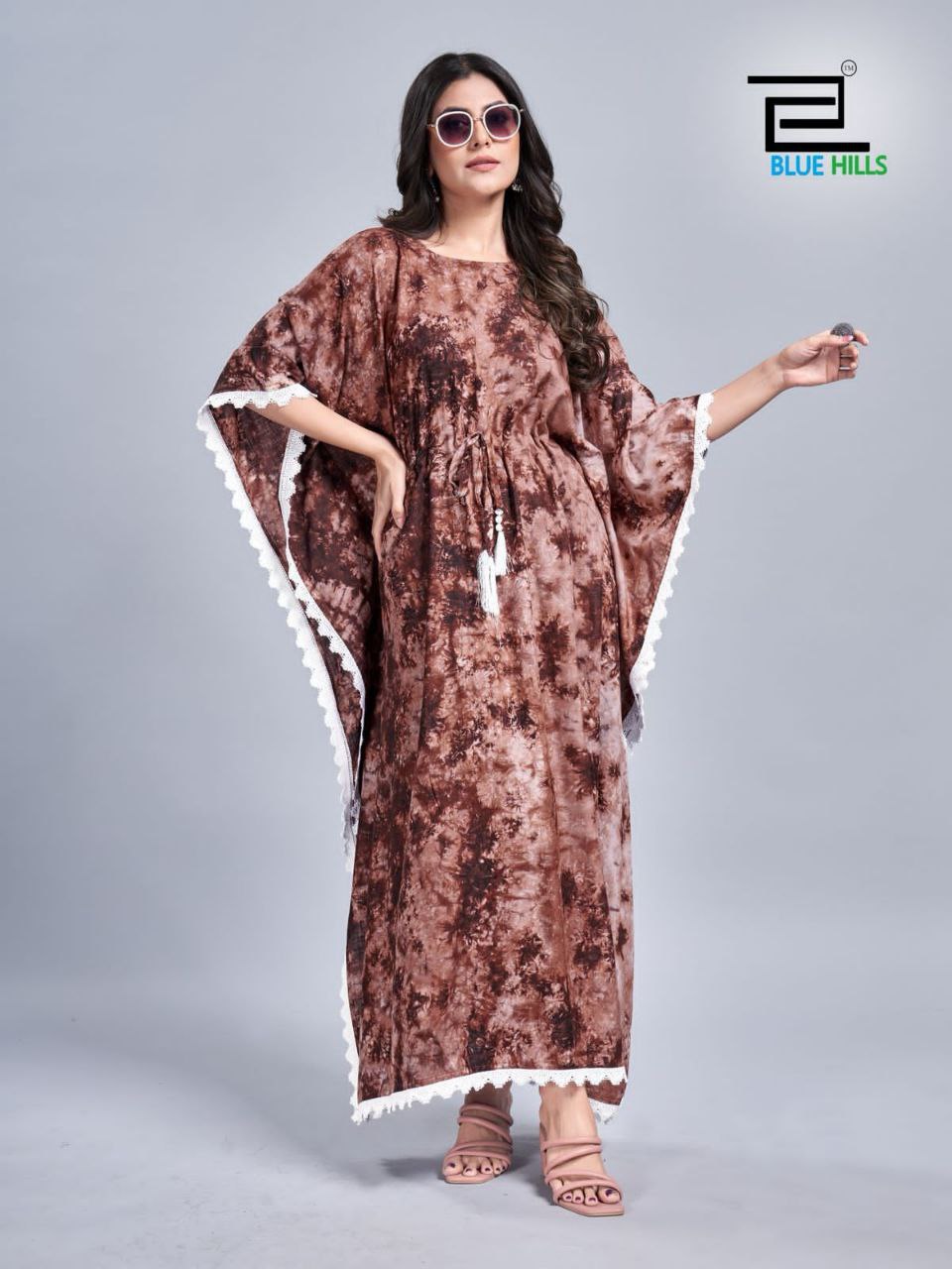 Rayon Slub Tie-Dye Kaftan Dress with Lace Border