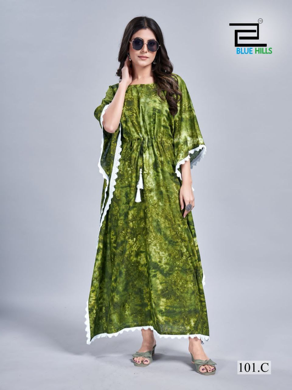 Rayon Slub Tie-Dye Kaftan Dress with Lace Border