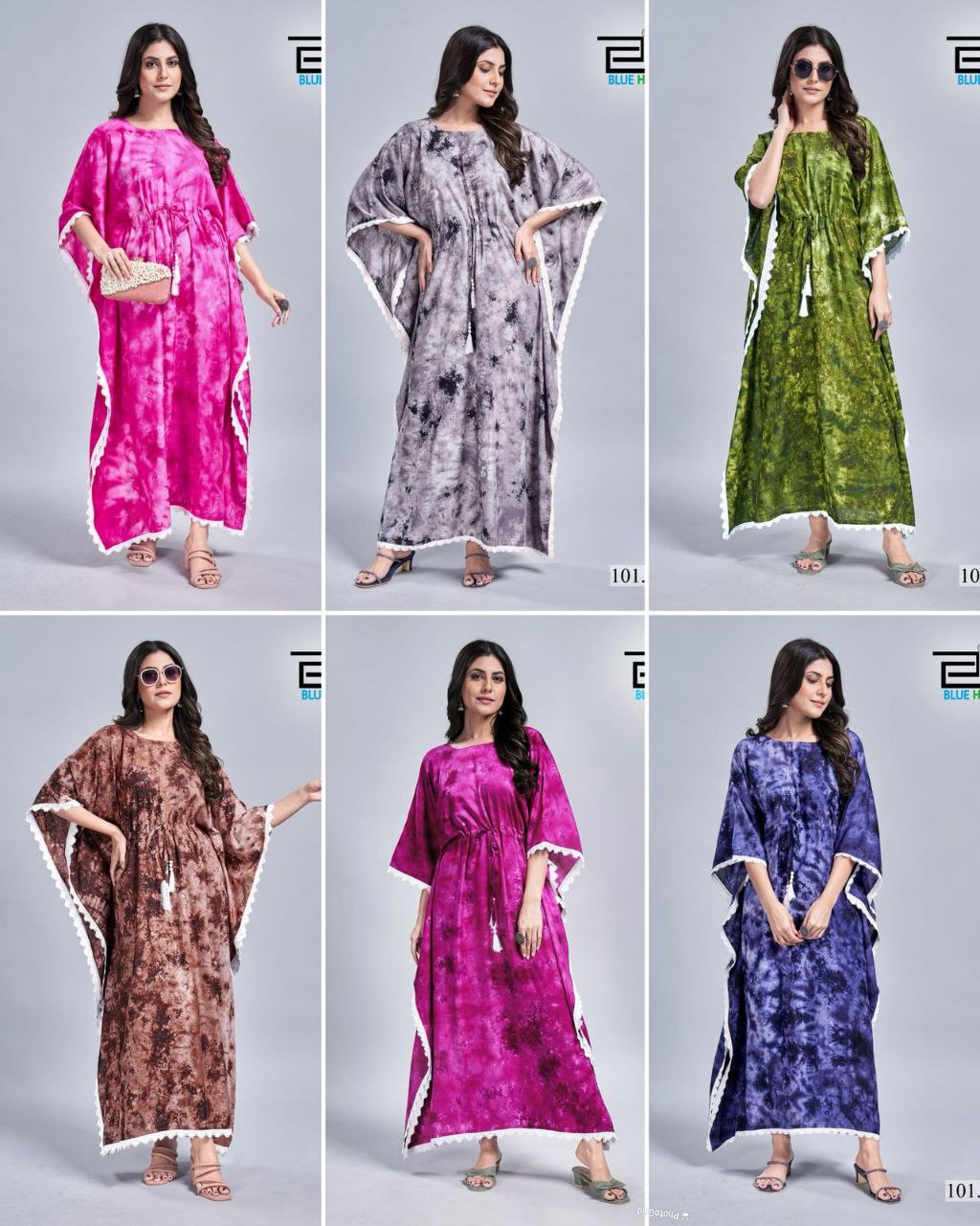 Rayon Slub Tie-Dye Kaftan Dress with Lace Border