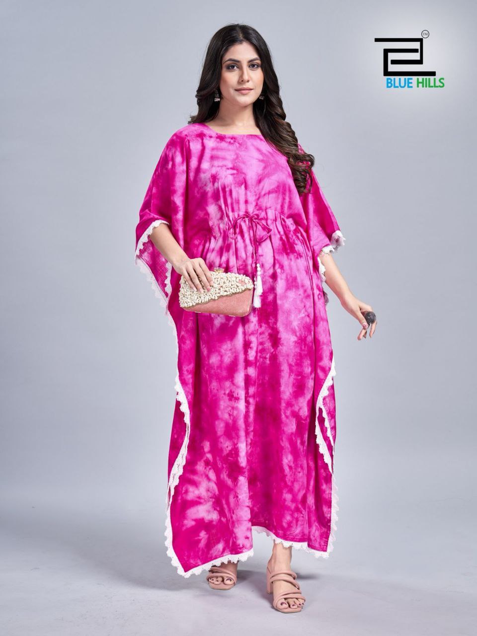 Rayon Slub Tie-Dye Kaftan Dress with Lace Border
