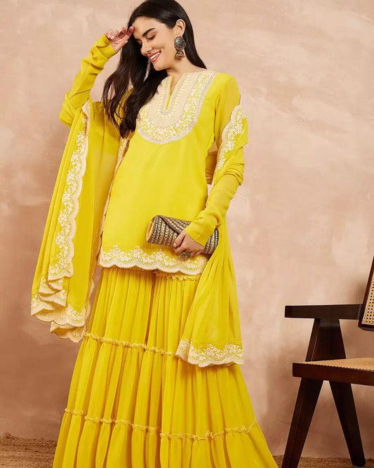 Designer Faux Georgette Sharara Set | Embroidered Party Wear with Dupatta