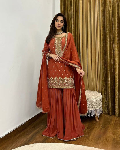 Simmer Silk Embroidered Top-Sharara Set with Dupatta – Party Wear | Fully Stitched