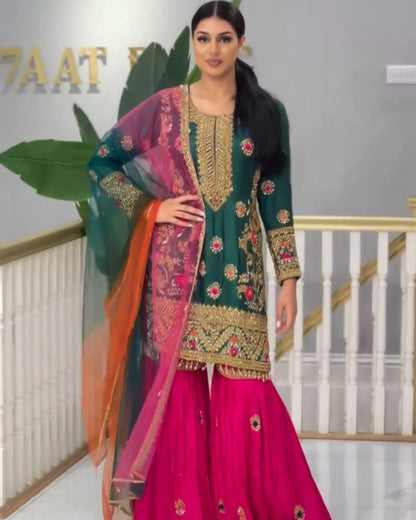 Stylish Malay Silk Top-Palazzo Dupatta Set – Embroidery & Sequence Work