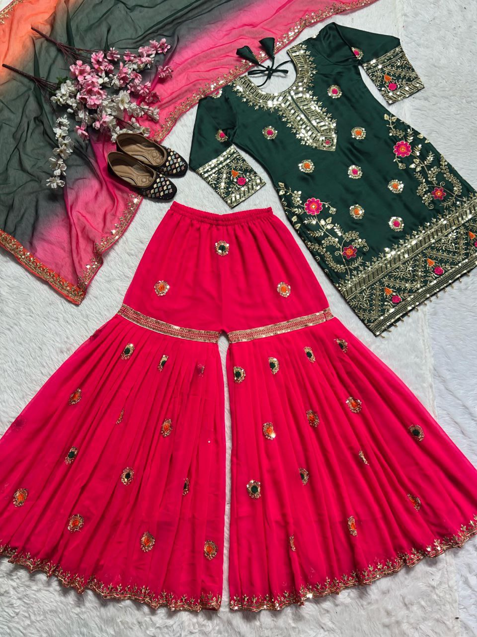 Stylish Malay Silk Top-Palazzo Dupatta Set – Embroidery & Sequence Work