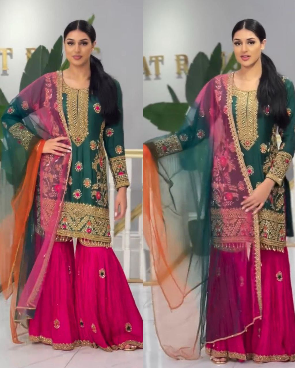 Stylish Malay Silk Top-Palazzo Dupatta Set – Embroidery & Sequence Work