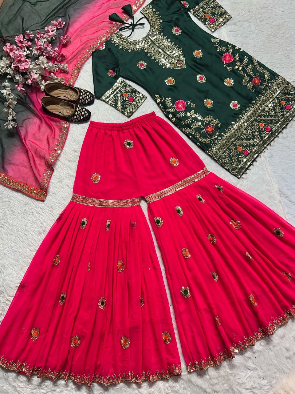Stylish Malay Silk Top-Palazzo Dupatta Set – Embroidery & Sequence Work