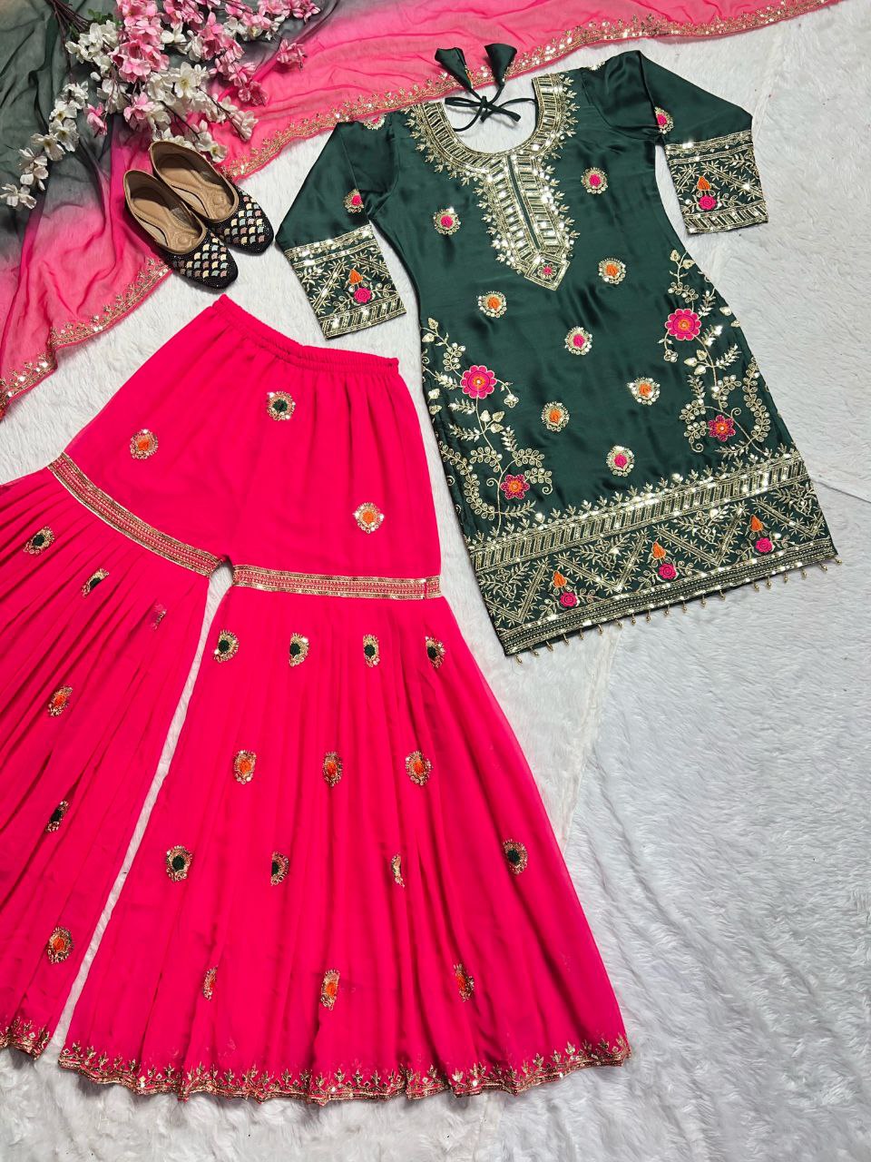 Stylish Malay Silk Top-Palazzo Dupatta Set – Embroidery & Sequence Work